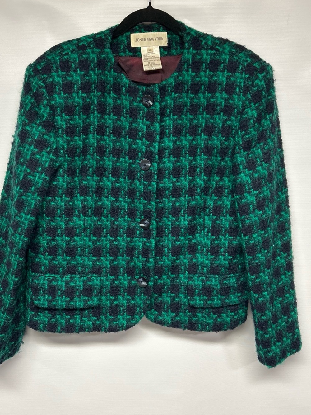 Jones New York Emerald Green & Black Houndstooth Tweed Jacket